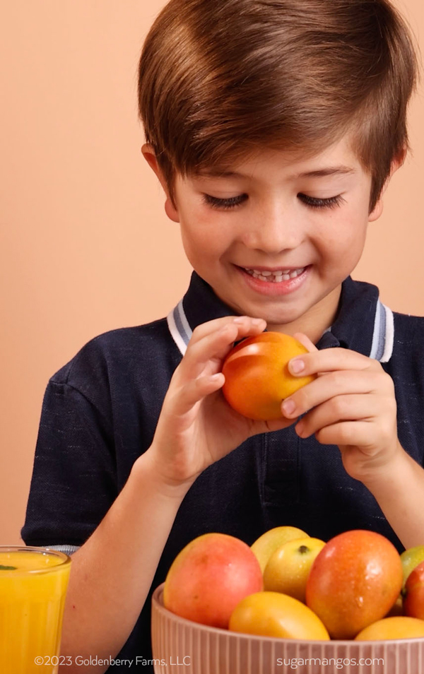 kid holding small mangos